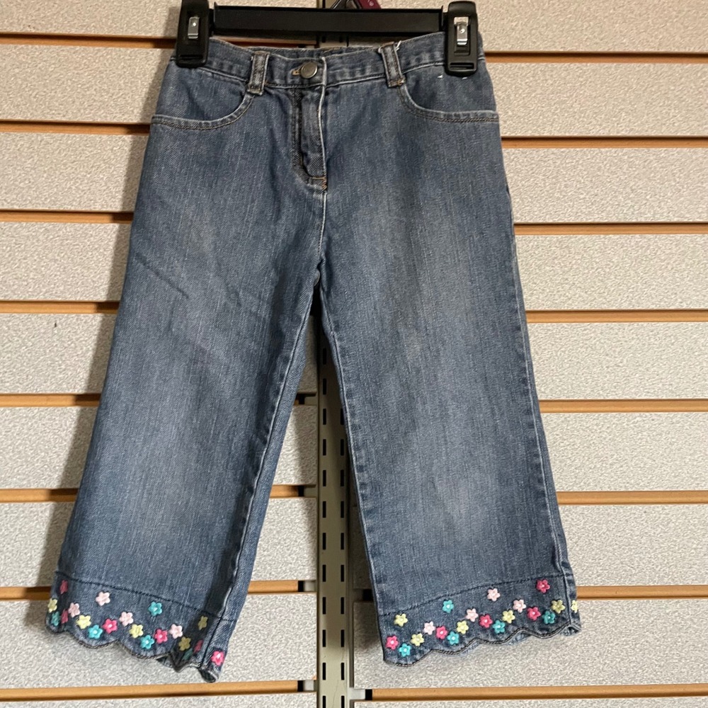 VTG Gymboree Girls 4T‎ Blue Denim Jeans Floral Embroidered Scalloped Hem 2008